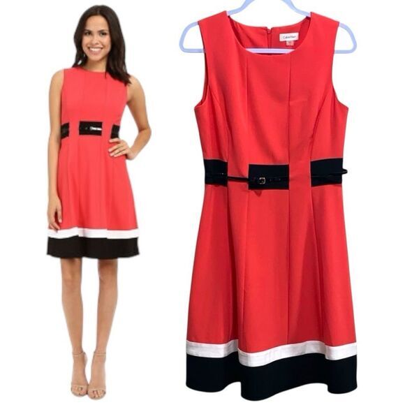Calvin Klein Red Colorblock Fit & Flare Dress Size 8 Belted Sleeveless Midi - Picture 15 of 15